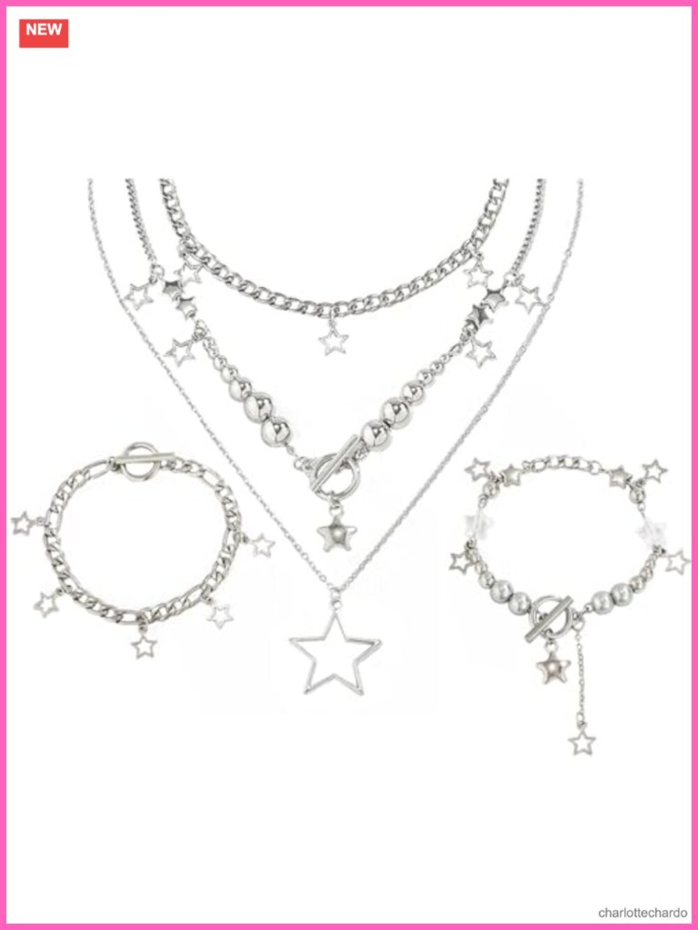 Y2K Star Necklace Set 2 Pieces Silver Alloy Chunky Kawaii Aesthetic Emo Jewelry